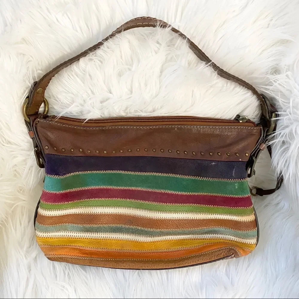 Fossil patchwork suede $ leather multi hobo bag